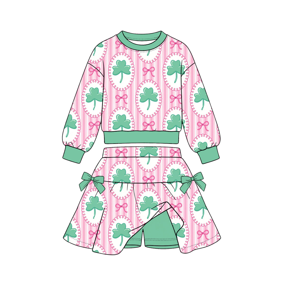 10.30 GLD1847 Preorder Kids  Girls St. Patrick's Day Shamrock Bow Long Sleeve Skort Outfit