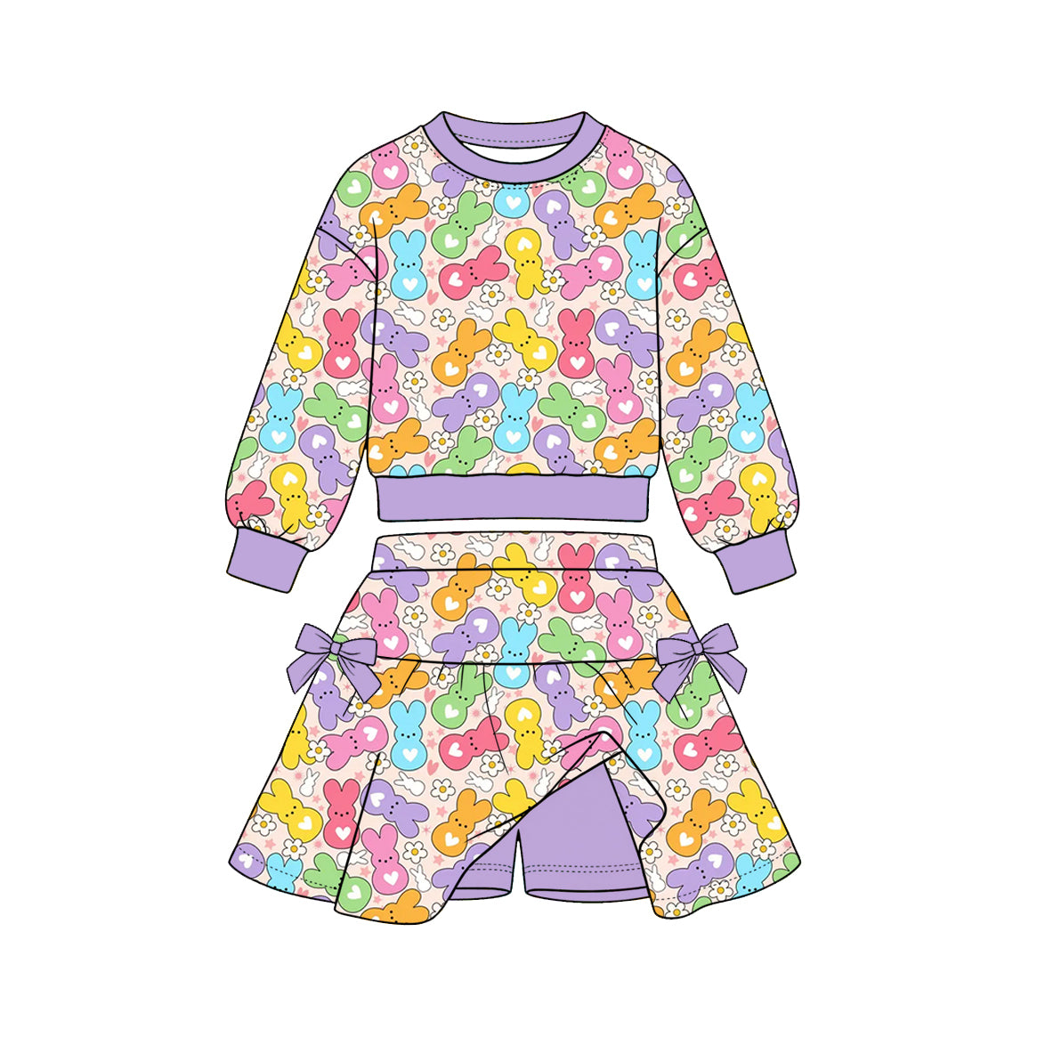 10.30 GLD1849 Preorder Kids  Girls Easter Colorful Rabbit Long Sleeve Top Skort Outfit