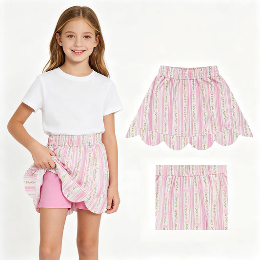 GLK0238 Small Flowers Pink Print Girls Bottom Scallop Skort