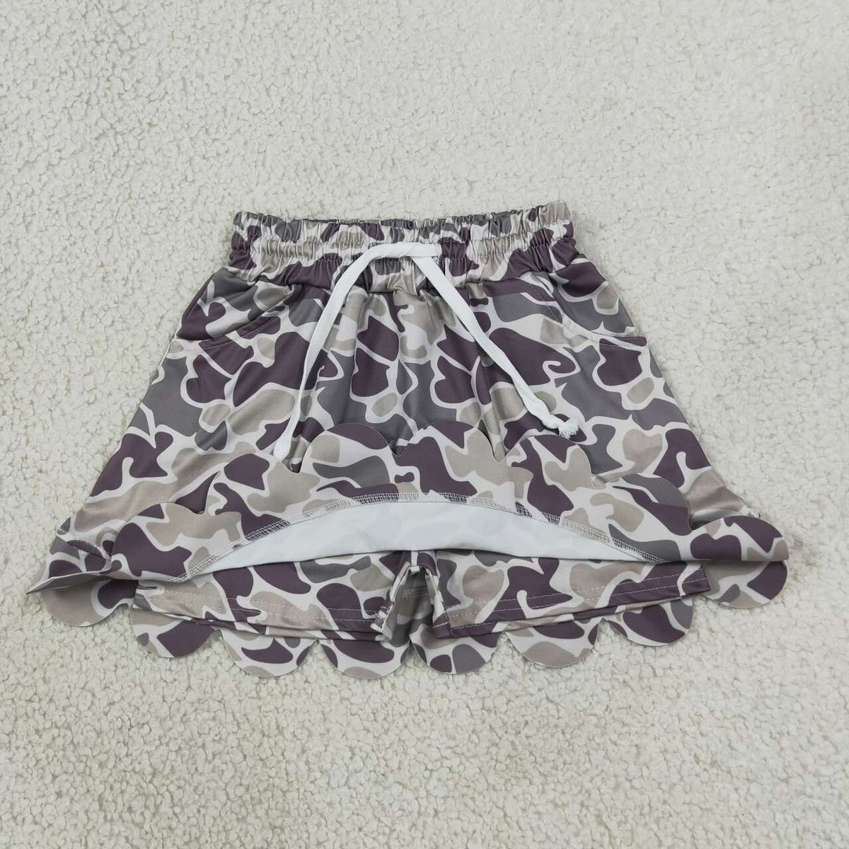GLK0297 Dark Brown Grey Camo Baby Girls Scallop Bottom Skort