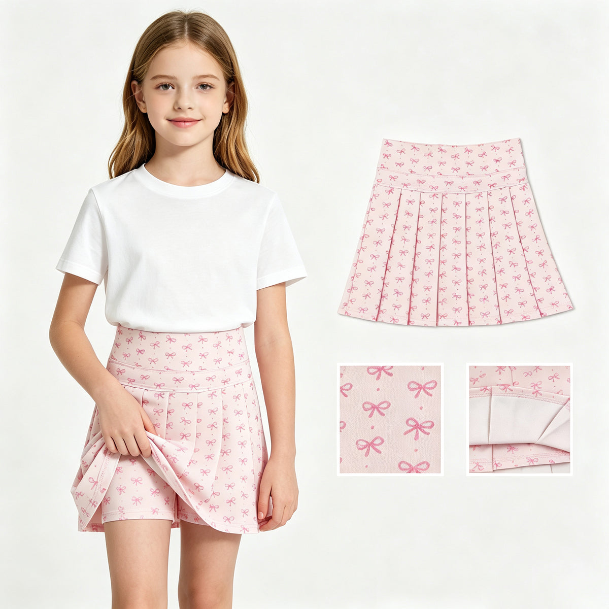 GLK0305 Pink Bows Active Skirts Girls Summer Pleated Yoga Skort