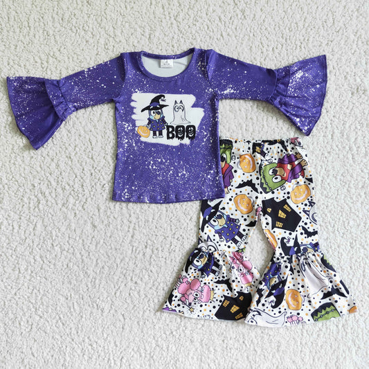 GLP0007 Cartoon Dog BOO Purple Top Bell Pants Girls Halloween Clothes Set