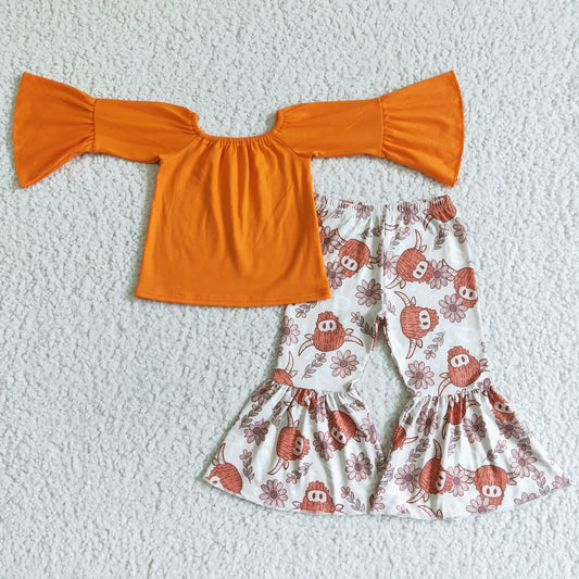 GLP0009 Orange Top Highland Cow Bell Pants Girls Clothes Set