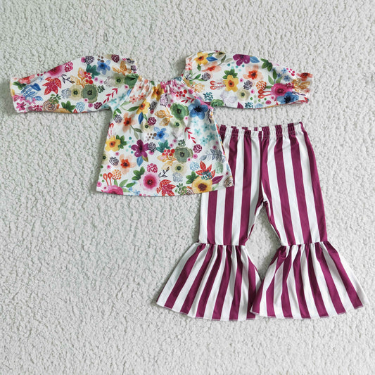 GLP0013 Colorful Flowers Top Stripes Bell Pants Girls Clothes Set