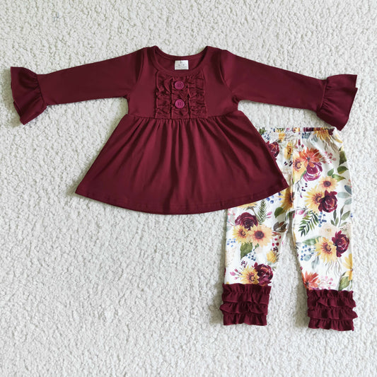 GLP0015 Wine Tunic Top Flowers Legging Pants Girls Fall Clothes sets