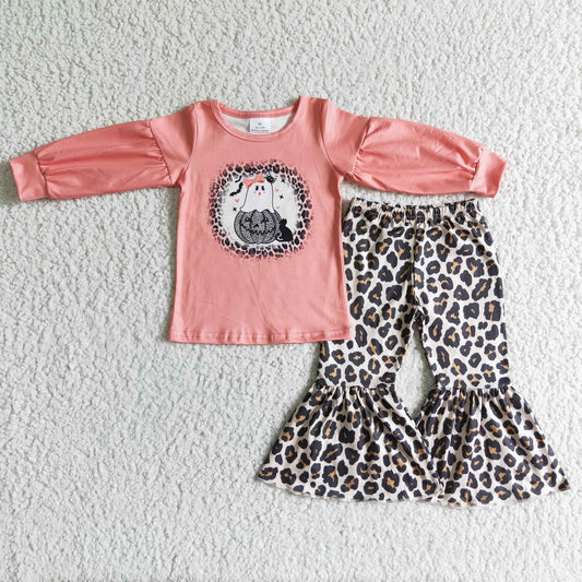 GLP0017 Ghost Pumpkin Pink Top Leopard Bell Pants Girls Halloween Clothes Set