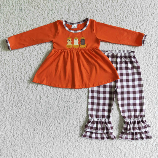GLP0026 Dog Pumpkin Embroidery Orange Tunic Top Plaid Pants Girls Fall Clothes Set