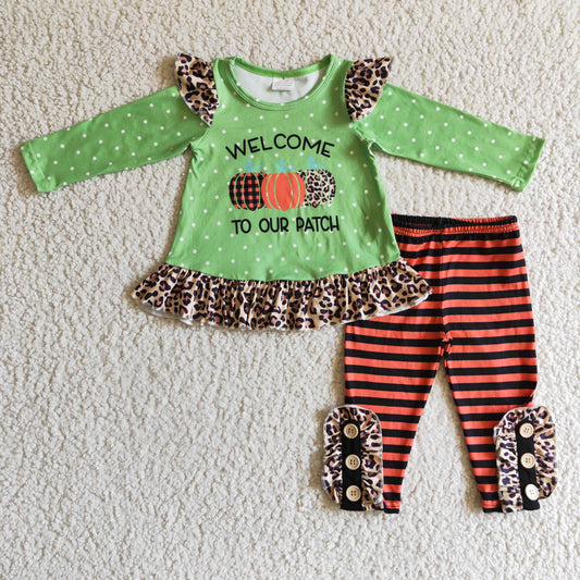 GLP0038 Pumpkin Green Dots Top Stripes Legging Pants Girls Fall Clothes Set