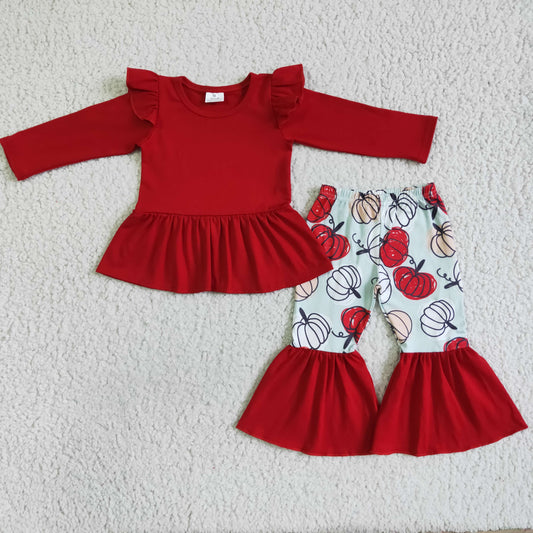 GLP0039 Red Top Pumpkin Bell Pants Girls Fall Clothes Set