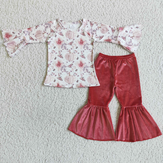 GLP0040 Pumpkin Flowers Top Velvet Bell Pants Girls Fall Clothes Set