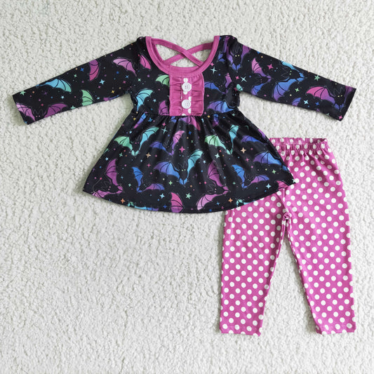 GLP0042 Colorful Bat Tunic Top Pink Dots Legging Pants Girls Halloween Clothes Set