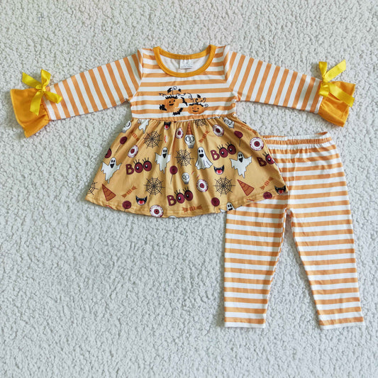 GLP0045 Ghost Boo Tunic Top Stripes Legging Pants Girls Halloween Clothes Set
