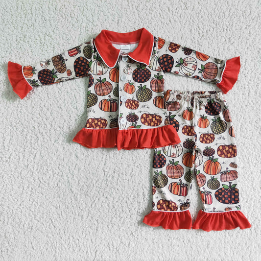GLP0047 Pumpkin Print Girls Button Pajamas Clothes Set