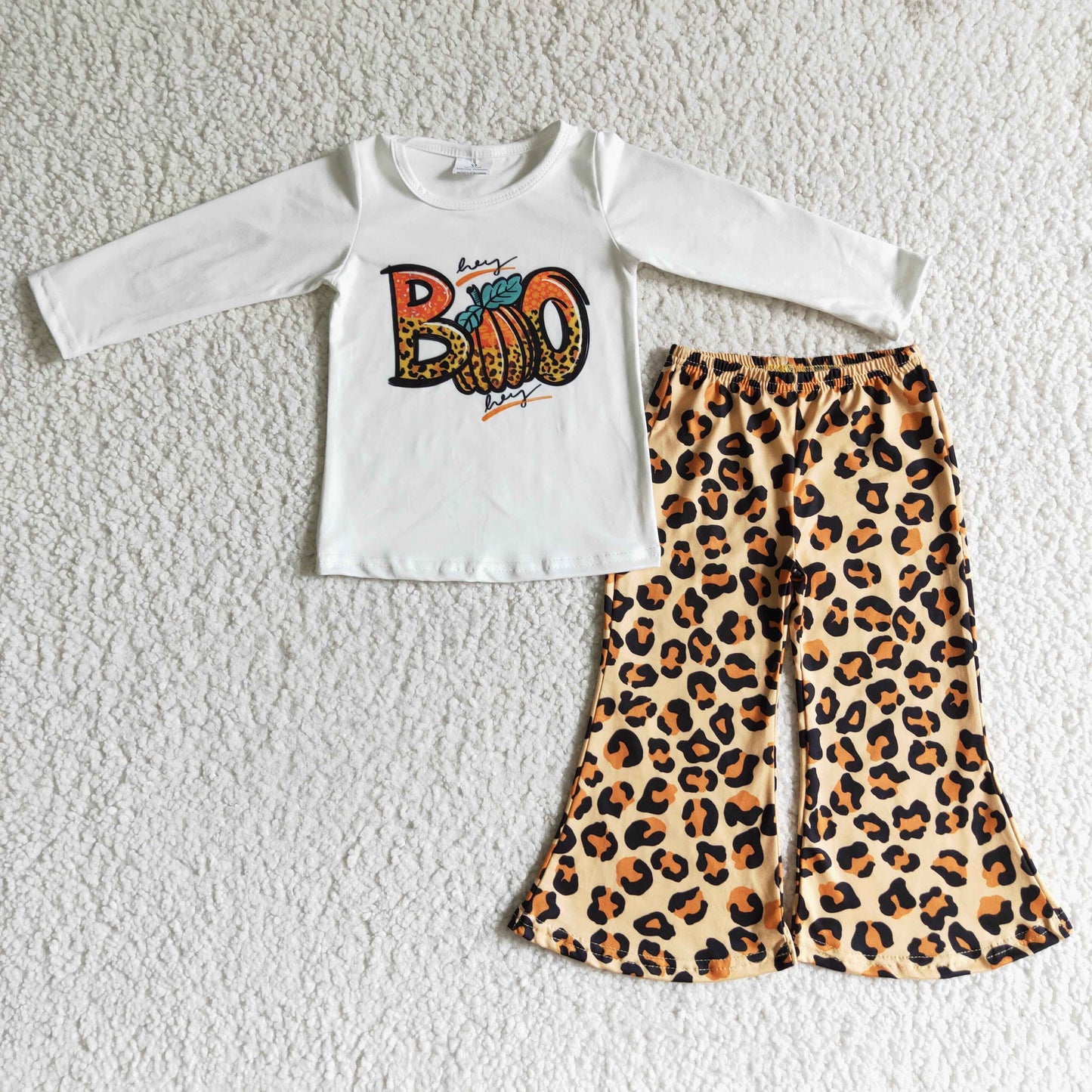 GLP0060 BOO Pumpkin White Top Leopard Bell Pants Girls Halloween Clothes Set