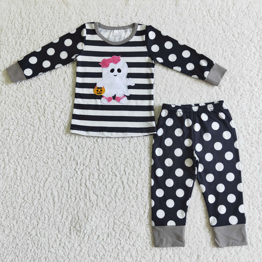 GLP0066 Ghost Embroidery Stripes Dots Print Girls Halloween Pajamas Clothes Set