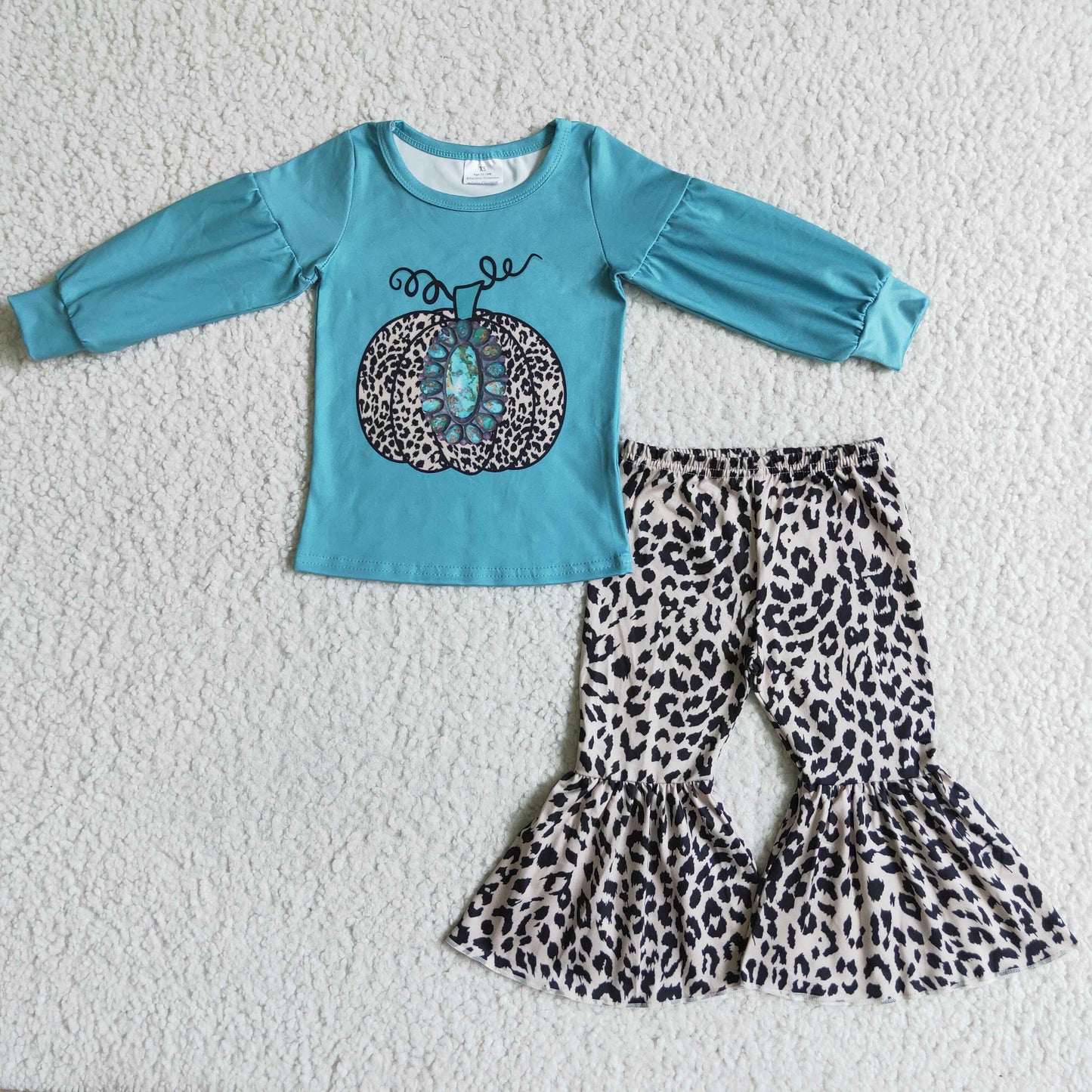 GLP0070 Pumpkin Turquoise Top Leopard Bell Pants Girls Fall Clothes Set