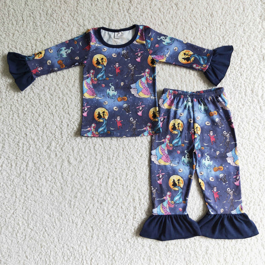 GLP0073 Nightmar* Pumpkin Print Girls Halloween Pajamas Clothes Set
