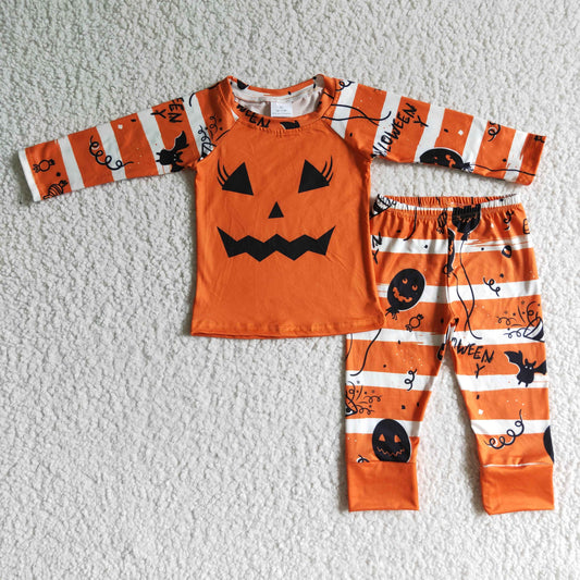 GLP0076 Pumpkin Smiling Orange Stripes Print Girls Halloween Pajamas Clothes Set