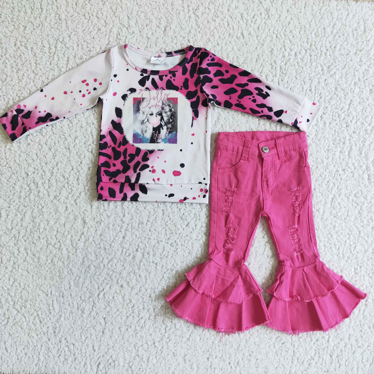 GLP0106 Singer Leopard Top Hot Pink Denim Bell Pants Girls Clothes Set