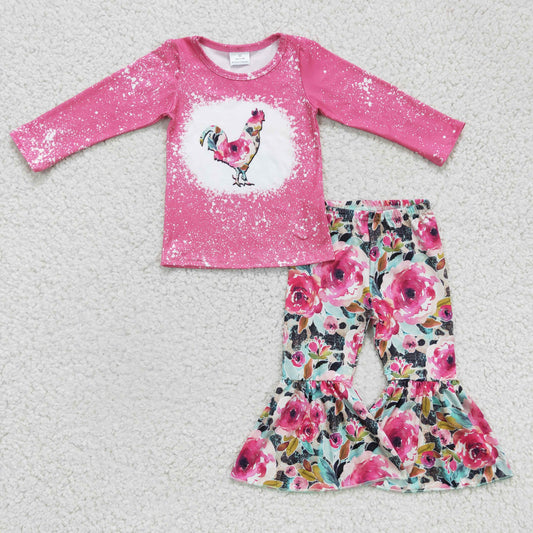 GLP0110 Chicken Pink Top Flowers Bell Pants Girls Clothes Set