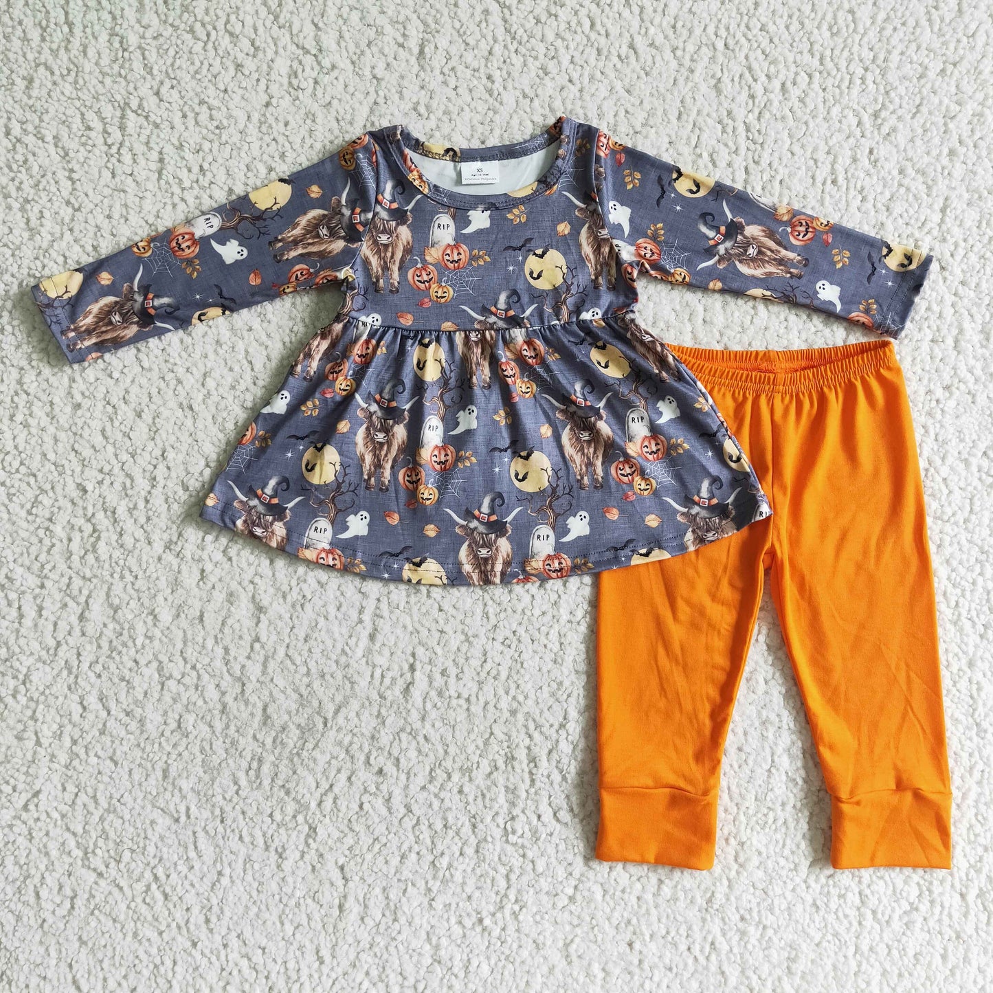 GLP0112 Highland Cow Pumpkin Tunic Top Orange Legging Pants Girls Halloween Clothes Set