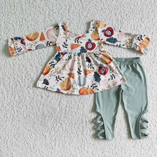GLP0113 Pumpkin Tunic Top Cross Legging Pants Girls Fall Clothes Set