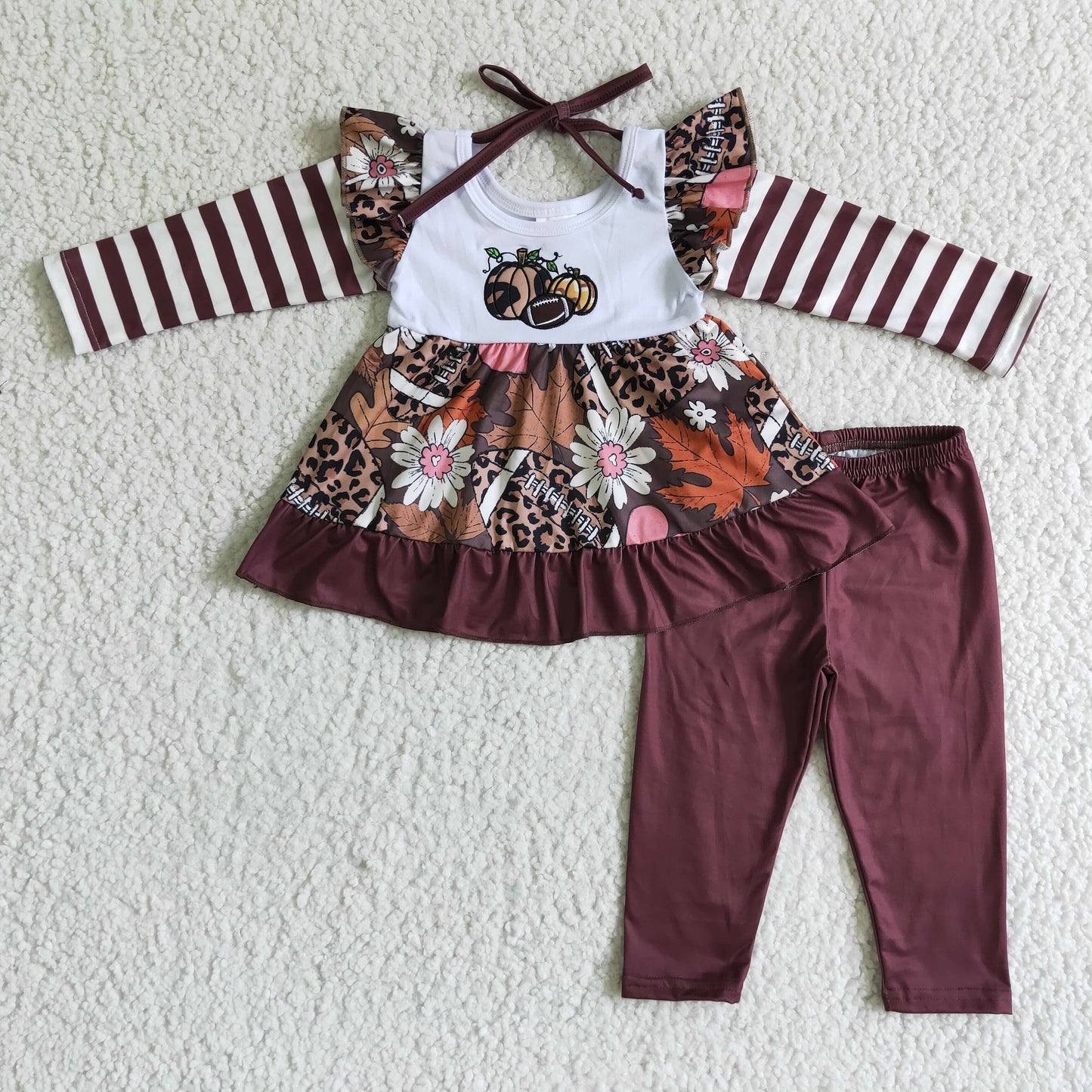 GLP0117 Football Pumpkin Embroidery Flowers Tunic Top Legging Pants Girls Fall Clothes Set