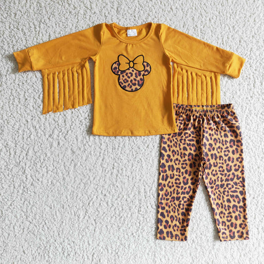GLP0128 Cartoon Mouse Embroidery Tassels Top Leopard Pants Girls Clothes Set