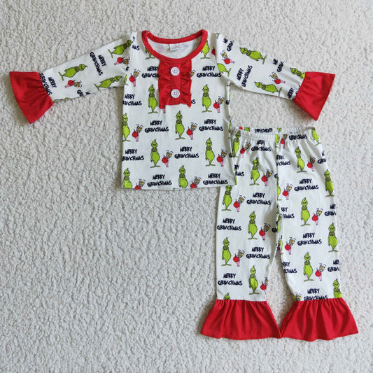 GLP0133 Green Frog Print Girls Christmas Pajamas Clothes Set