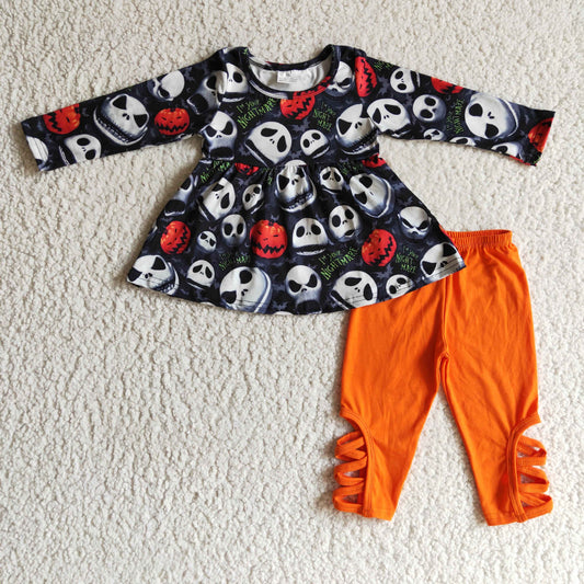 GLP0148 Nightmar* Pumpkin Tunic Top Orange Cross Legging Pants Girls Halloween Clothes Set