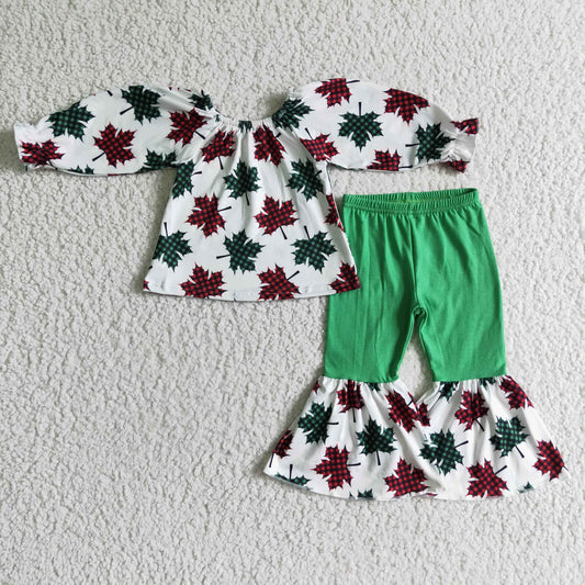GLP0160 Maple Leaf Checkered Print Girls Christmas Clothes Set