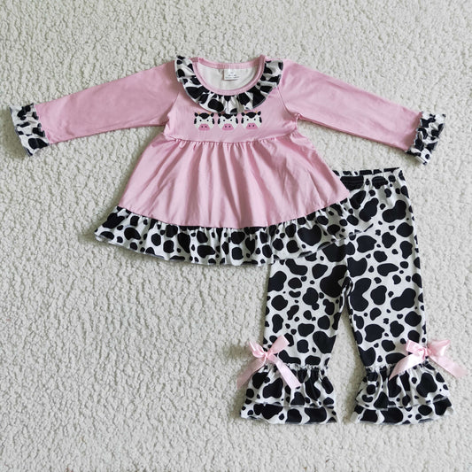 GLP0165 Pink Cow Tunic Top Ruffle Pants Girls Clothes Set