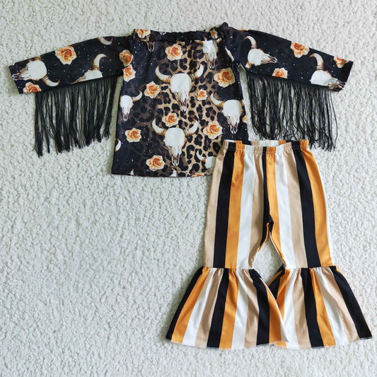 GLP0169 Cow Skull Leopard Flowers Tassel Top Stripes Bell Pants Girls Clothes Set