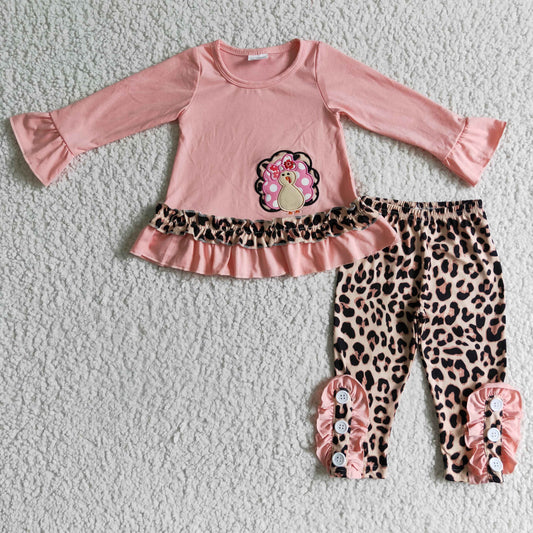 Girls Thanksgiving pink turkey embroidery outfits   GLP0172