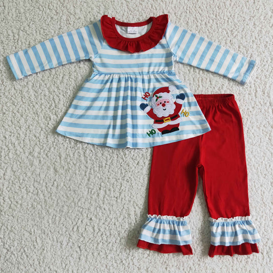 GLP0175 Santa Embroidery Blue Stripes Tunic Top Ruffle Pants Girls Christmas Clothes Set
