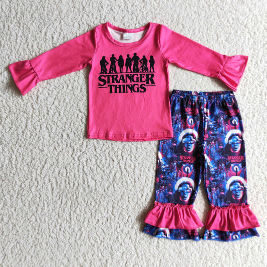 GLP0176 Cartoon STRANGER Hot Pink Top Ruffle Pants Girls Clothes Set
