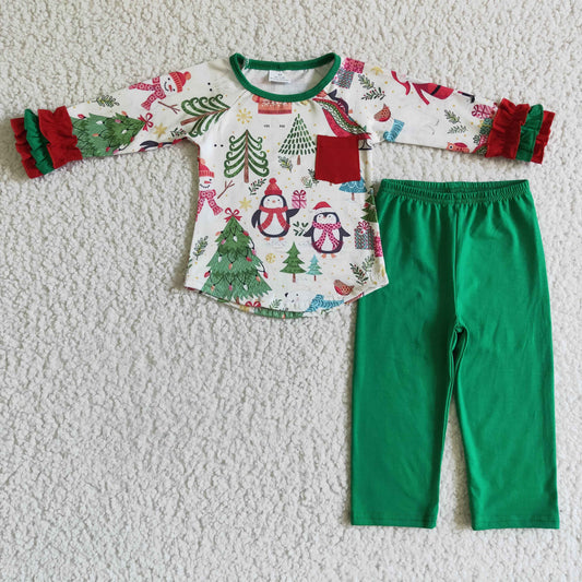 GLP0179 Snowman Penguin Top Green Pants Girls Christmas Clothes Set