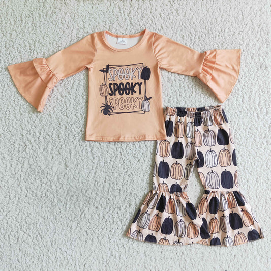 GLP0181 Spooky Top Pumpkin Bell Pants Girls Halloween Clothes Set