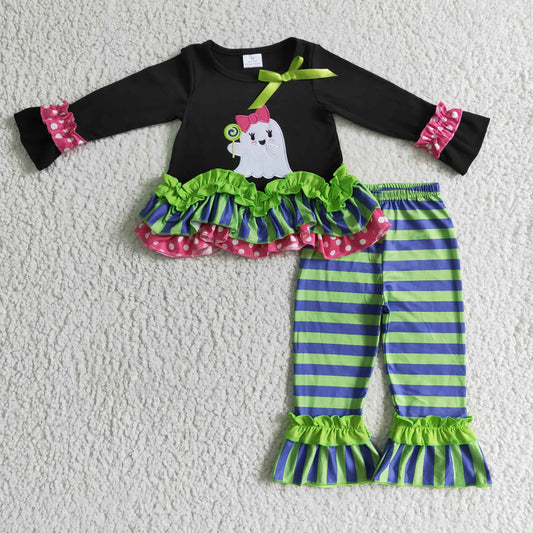 GLP0182 Ghost Embroidery Ruffle Top Stripes Pants Girls Halloween Clothes Set