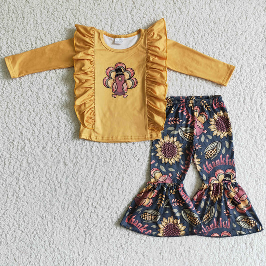GLP0201 Turkey Ruffle Top Sunflowers Bell Pants Girls Thanksgiving Clothes Set