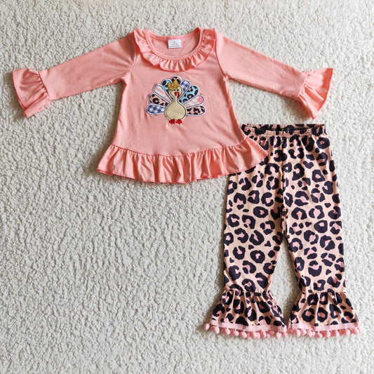 Girls pink turkey embroidery leopard print Thanksgiving Outfits       GLP0203
