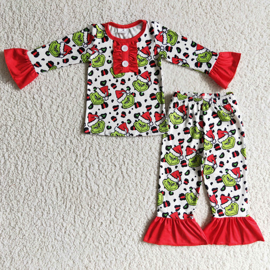 GLP0214 Green Frog Leopard Print Girls Christmas Pajamas Clothes Set