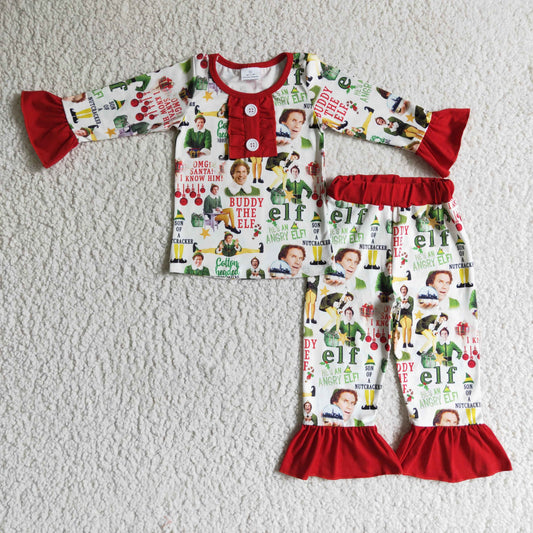 GLP0215 Cartoon Characters Shelf Green Print Girls Christmas Pajamas Clothes Set