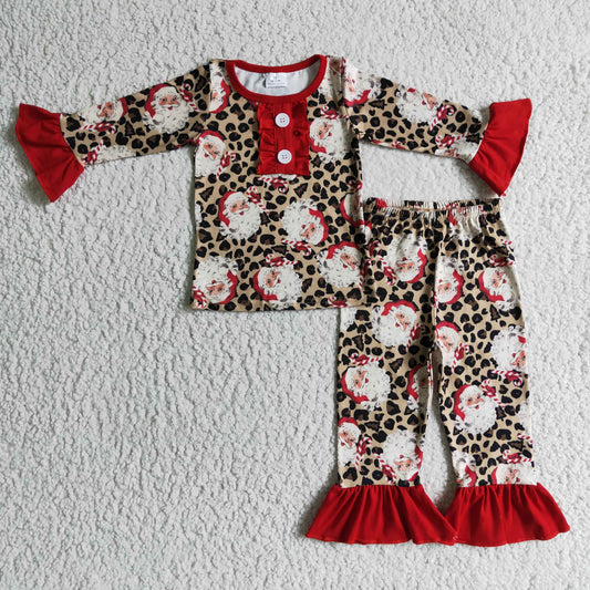 GLP0218 Santa Candy Cane Leopard Print Girls Christmas Pajamas Clothes Set