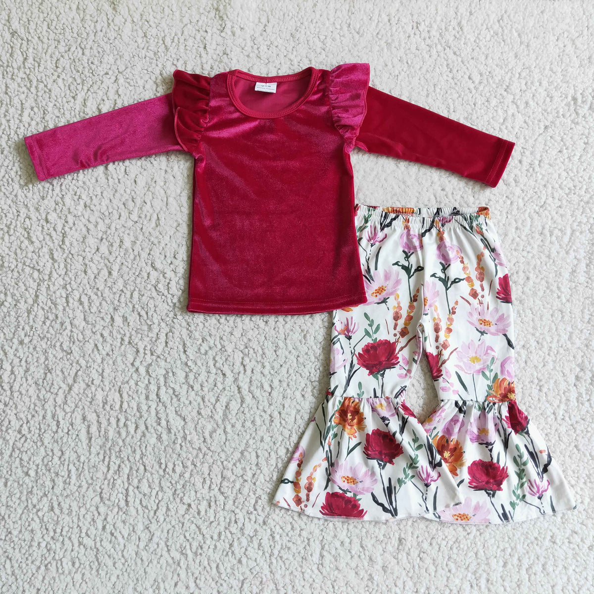 GLP0221 Red Velvet Top Flowers Bell Pants Girls Clothes Set