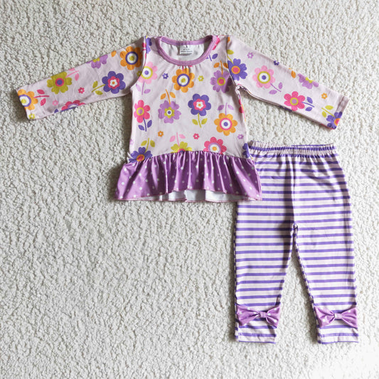 GLP0225 Flowers Top Stripes Legging Pants Girls Clothes Set
