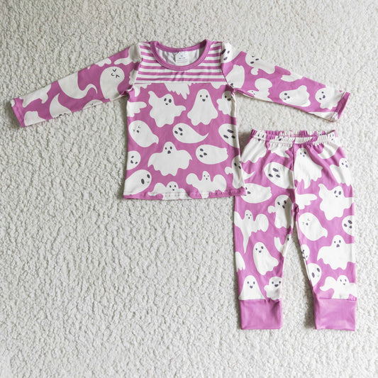 GLP0229 Ghost Purple Print Girls Halloween Pajamas Clothes Set