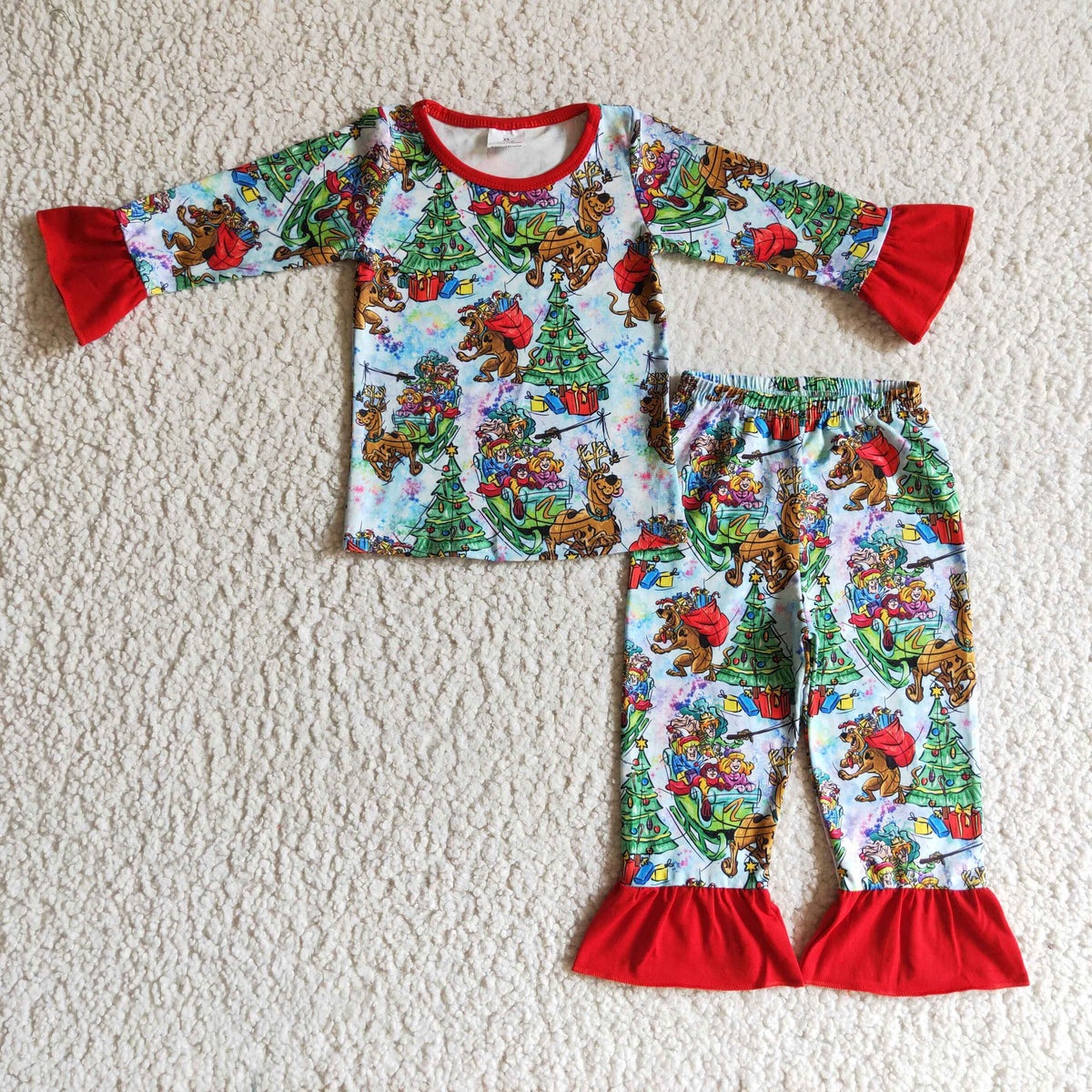 GLP0242 Cartoon Dog Tree Print Girls Christmas Pajamas Clothes Set