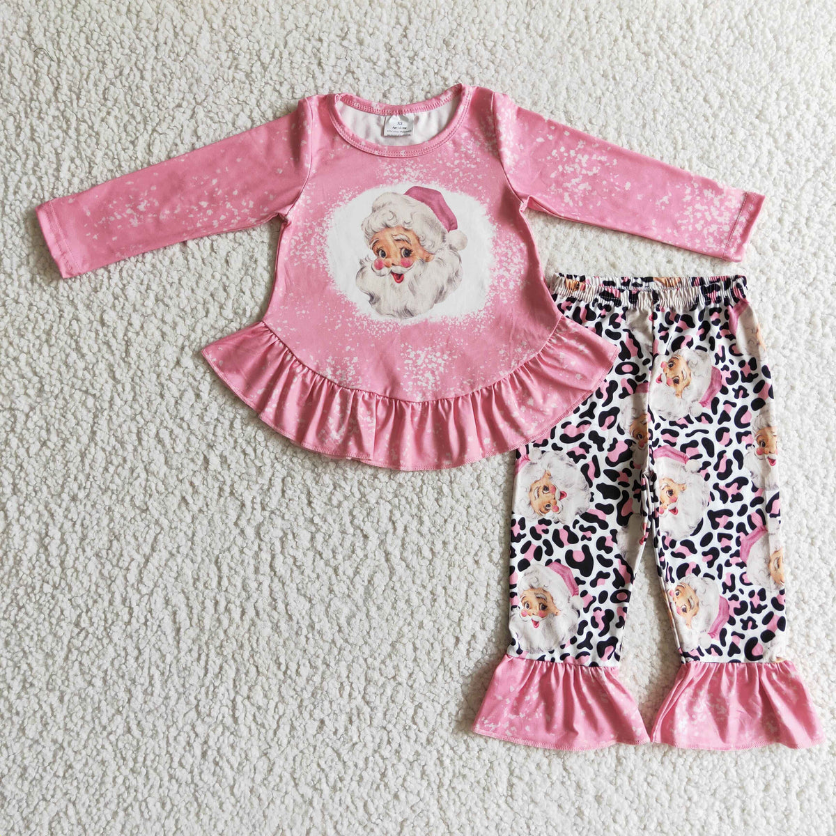GLP0245 Santa Pink Top Leopard Pants Girls Christmas Clothes Set