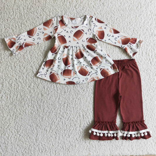 GLP0267 Football Tunic Top Pompom Brown Pants Girls Clothes Set